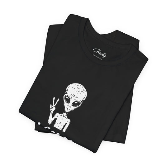 Alien Peace Sign Unisex Tee, Fun T-Shirt for Space Lovers, Sci-fi Themed Casual Wear, Gift for UFO Enthusiasts, Chill Vibe Apparel